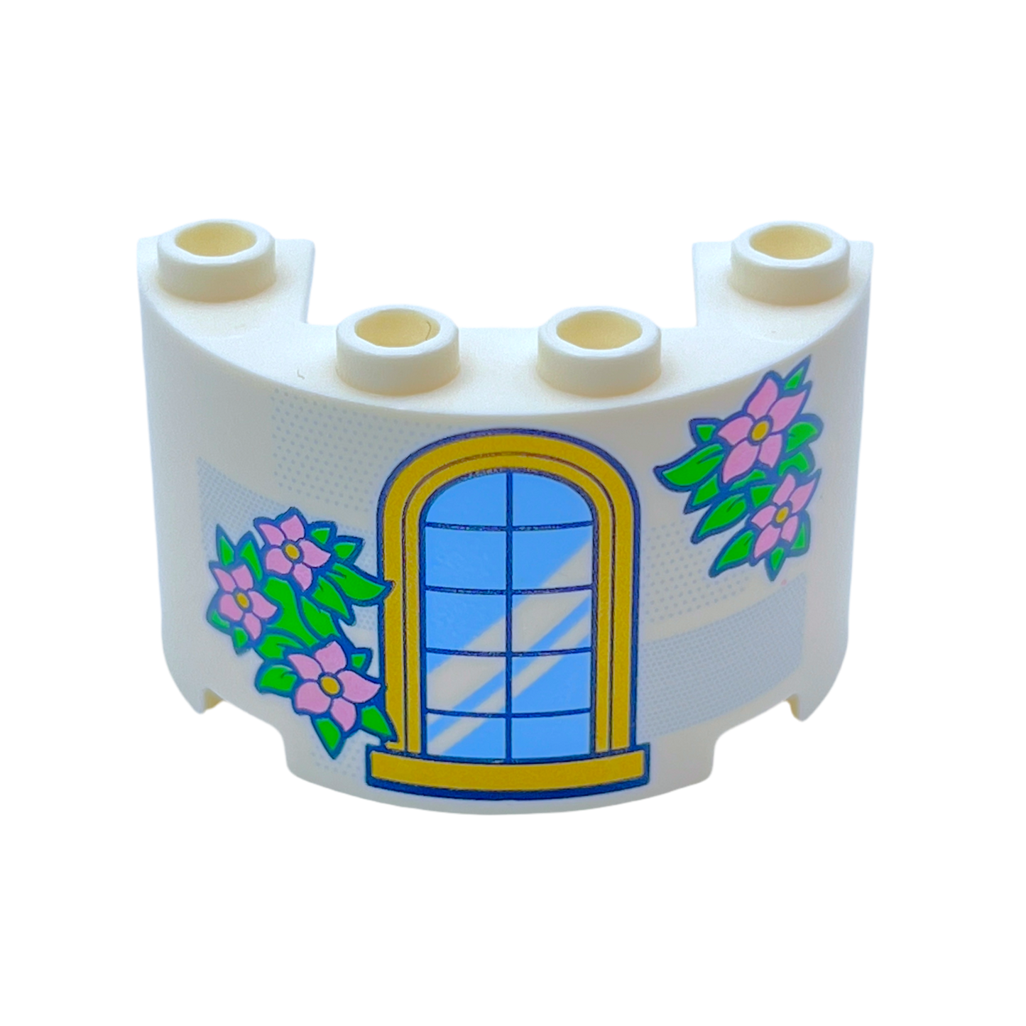 LEGO Cylinder Half 2x4x2 with 1 x 2 Cutout with Gold Trim Window and Green Leaves with Metallic Pink Flowers