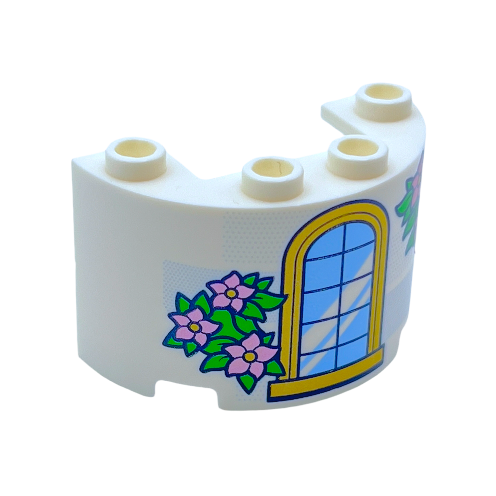 LEGO Cylinder Half 2x4x2 with 1 x 2 Cutout with Gold Trim Window and Green Leaves with Metallic Pink Flowers