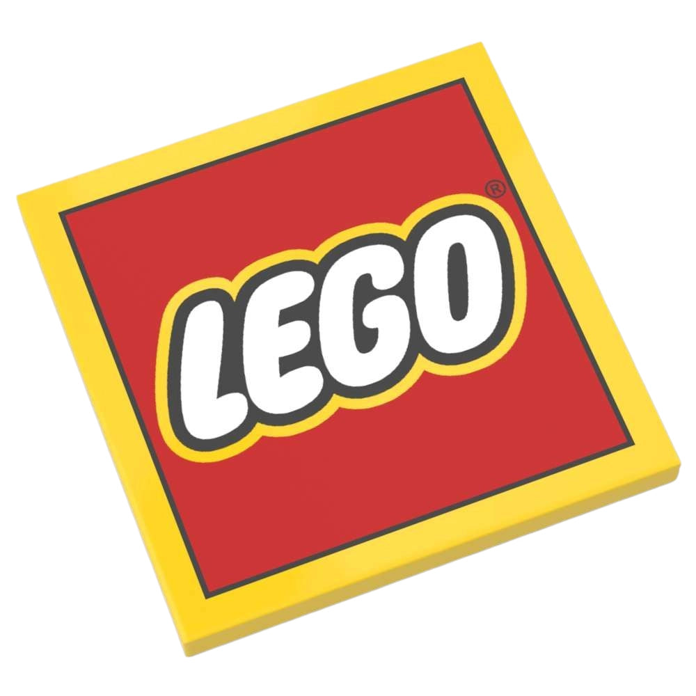 Eine große gelbe Fliese mit einem LEGO  Schriftzug in Weiss, schwarz und Gelb