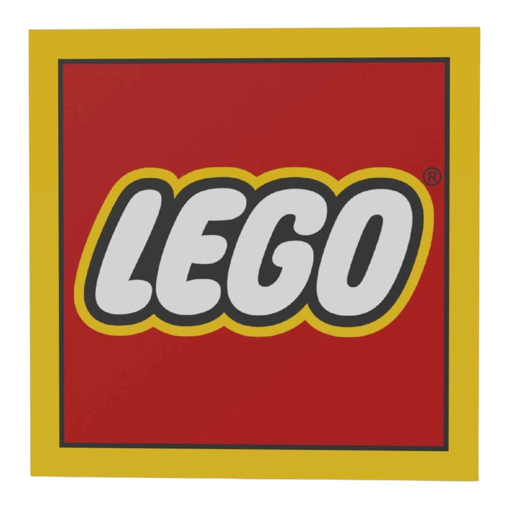 Eine große gelbe Fliese mit einem LEGO  Schriftzug in Weiss, schwarz und Gelb