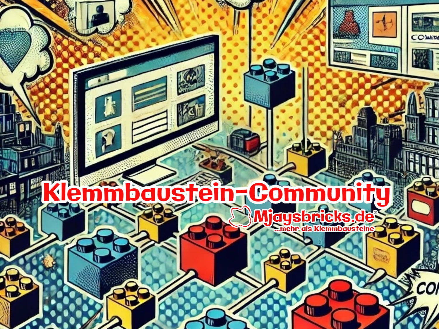 Mjaysbricks.de Klemmbaustein-Community. Auf dem Bild ist das Logo von Mjaysbricks.de mehr als Klemmbausteine . Im Hintergrund sind vernetzte Klemmbausteine zu sehen